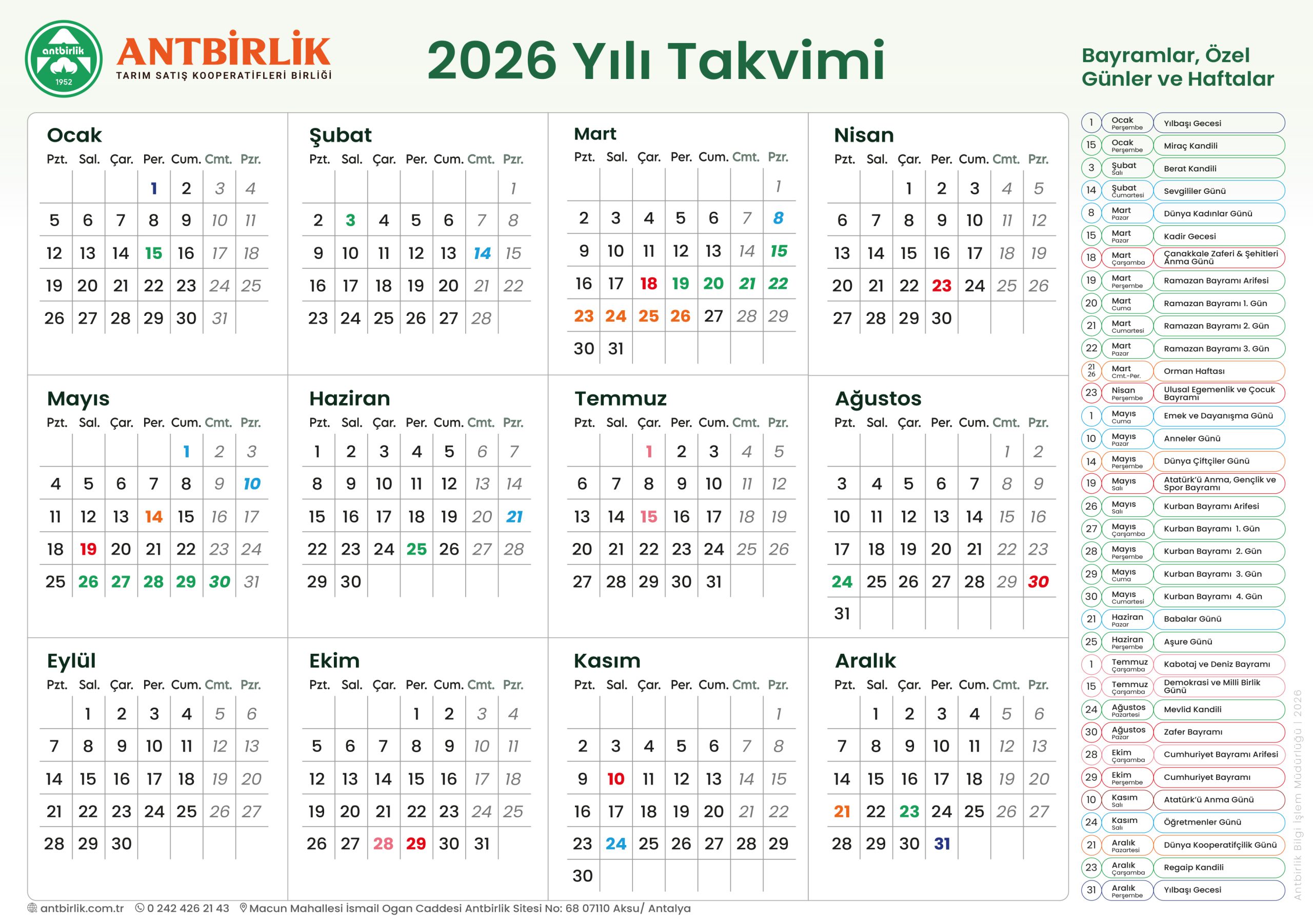 2026 YILI TAKVİMİ